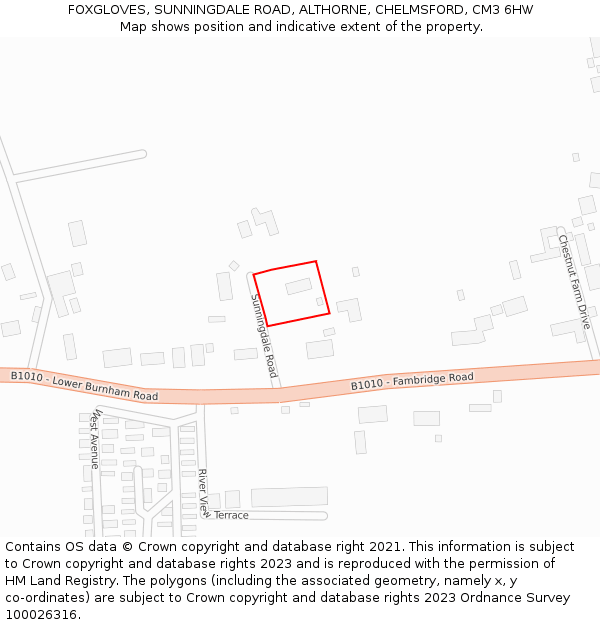 FOXGLOVES, SUNNINGDALE ROAD, ALTHORNE, CHELMSFORD, CM3 6HW: Location map and indicative extent of plot