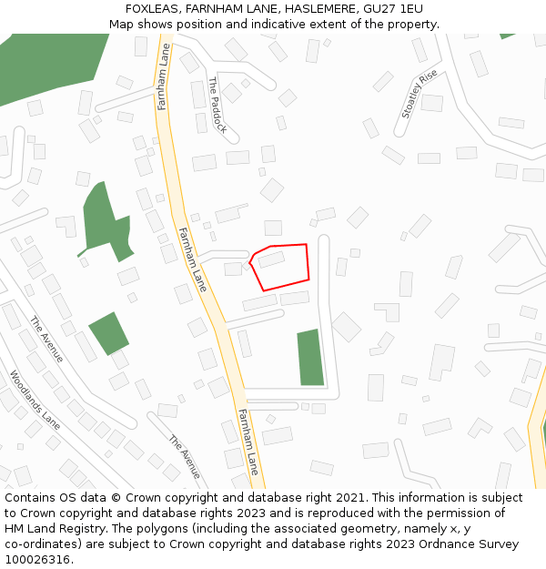 FOXLEAS, FARNHAM LANE, HASLEMERE, GU27 1EU: Location map and indicative extent of plot