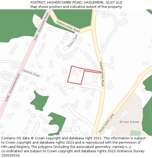 FOXTROT, HIGHERCOMBE ROAD, HASLEMERE, GU27 2LQ: Location map and indicative extent of plot