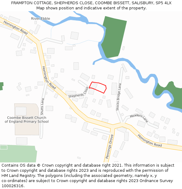 FRAMPTON COTTAGE, SHEPHERDS CLOSE, COOMBE BISSETT, SALISBURY, SP5 4LX: Location map and indicative extent of plot