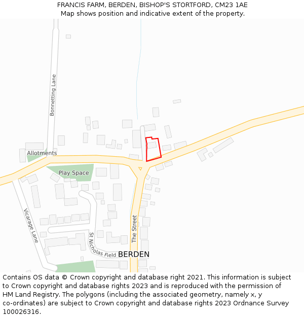 FRANCIS FARM, BERDEN, BISHOP'S STORTFORD, CM23 1AE: Location map and indicative extent of plot