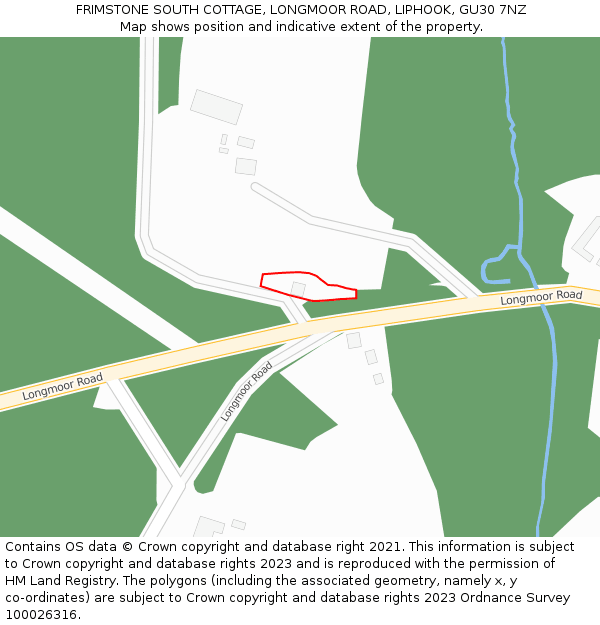 FRIMSTONE SOUTH COTTAGE, LONGMOOR ROAD, LIPHOOK, GU30 7NZ: Location map and indicative extent of plot