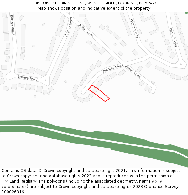 FRISTON, PILGRIMS CLOSE, WESTHUMBLE, DORKING, RH5 6AR: Location map and indicative extent of plot