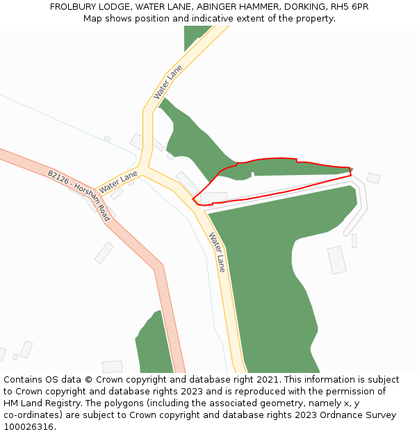 FROLBURY LODGE, WATER LANE, ABINGER HAMMER, DORKING, RH5 6PR: Location map and indicative extent of plot