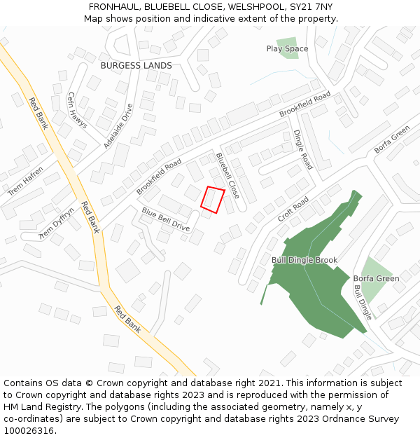 FRONHAUL, BLUEBELL CLOSE, WELSHPOOL, SY21 7NY: Location map and indicative extent of plot