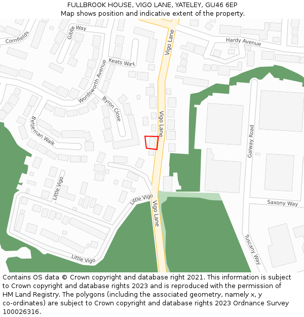 FULLBROOK HOUSE, VIGO LANE, YATELEY, GU46 6EP: Location map and indicative extent of plot