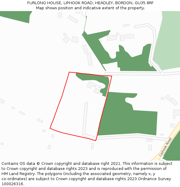 FURLONG HOUSE, LIPHOOK ROAD, HEADLEY, BORDON, GU35 8RF: Location map and indicative extent of plot