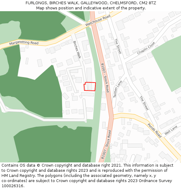 FURLONGS, BIRCHES WALK, GALLEYWOOD, CHELMSFORD, CM2 8TZ: Location map and indicative extent of plot