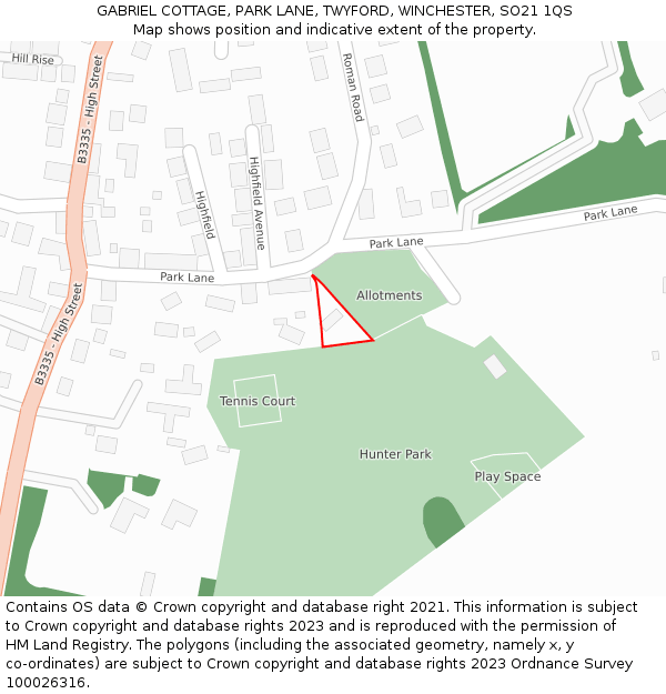 GABRIEL COTTAGE, PARK LANE, TWYFORD, WINCHESTER, SO21 1QS: Location map and indicative extent of plot