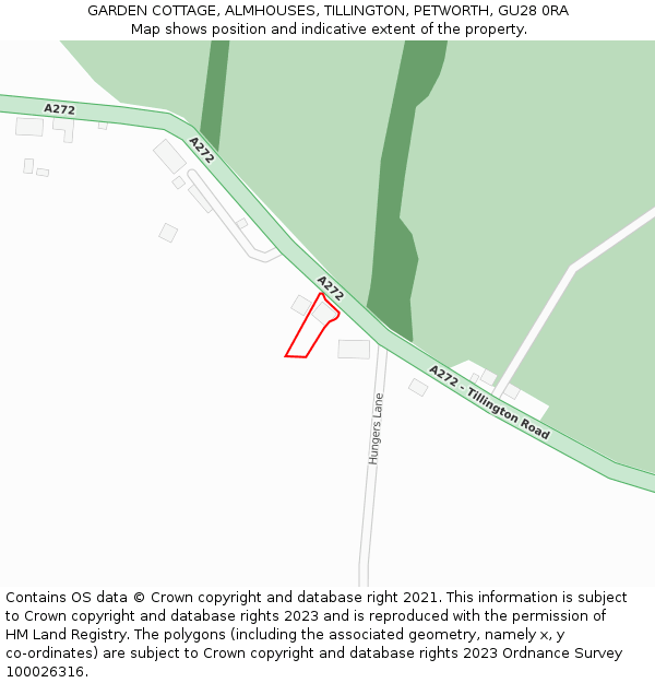 GARDEN COTTAGE, ALMHOUSES, TILLINGTON, PETWORTH, GU28 0RA: Location map and indicative extent of plot
