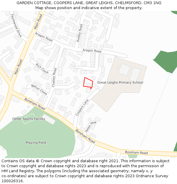 GARDEN COTTAGE, COOPERS LANE, GREAT LEIGHS, CHELMSFORD, CM3 1NG: Location map and indicative extent of plot