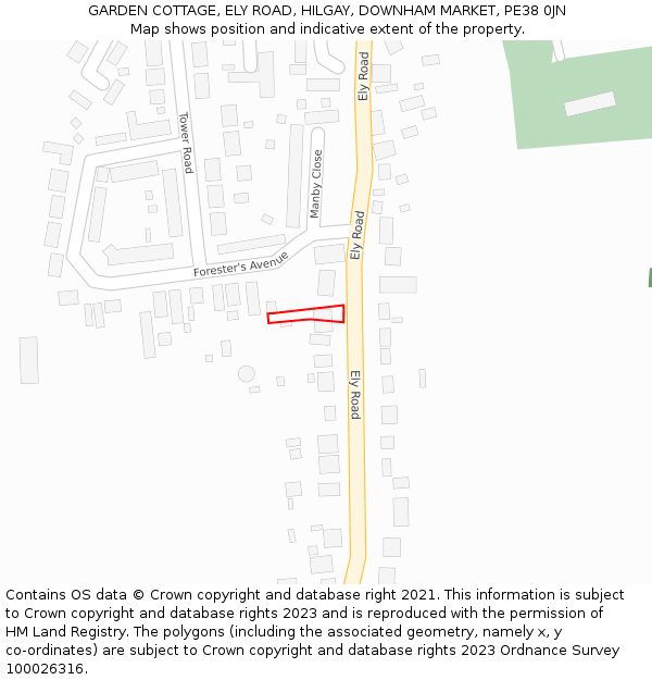 GARDEN COTTAGE, ELY ROAD, HILGAY, DOWNHAM MARKET, PE38 0JN: Location map and indicative extent of plot