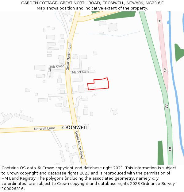 GARDEN COTTAGE, GREAT NORTH ROAD, CROMWELL, NEWARK, NG23 6JE: Location map and indicative extent of plot