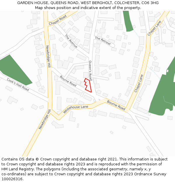 GARDEN HOUSE, QUEENS ROAD, WEST BERGHOLT, COLCHESTER, CO6 3HG: Location map and indicative extent of plot