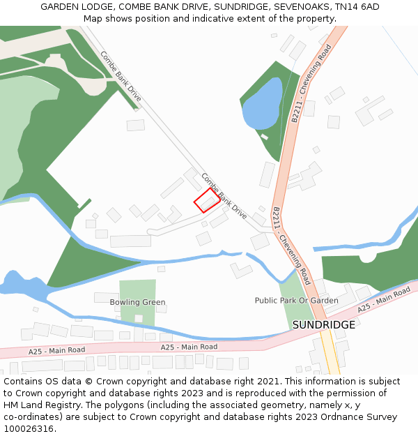 GARDEN LODGE, COMBE BANK DRIVE, SUNDRIDGE, SEVENOAKS, TN14 6AD: Location map and indicative extent of plot