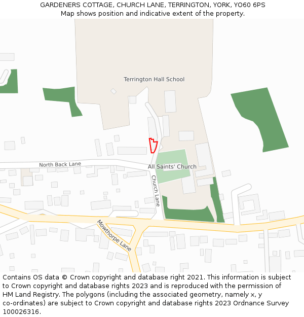 GARDENERS COTTAGE, CHURCH LANE, TERRINGTON, YORK, YO60 6PS: Location map and indicative extent of plot