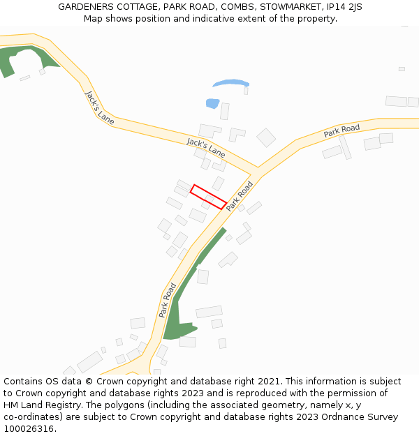 GARDENERS COTTAGE, PARK ROAD, COMBS, STOWMARKET, IP14 2JS: Location map and indicative extent of plot