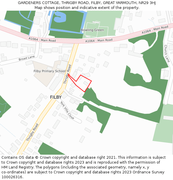 GARDENERS COTTAGE, THRIGBY ROAD, FILBY, GREAT YARMOUTH, NR29 3HJ: Location map and indicative extent of plot