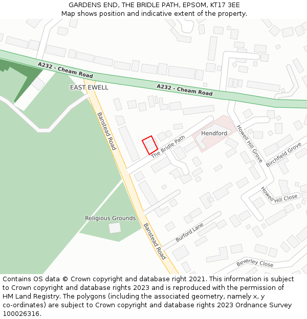 GARDENS END, THE BRIDLE PATH, EPSOM, KT17 3EE: Location map and indicative extent of plot