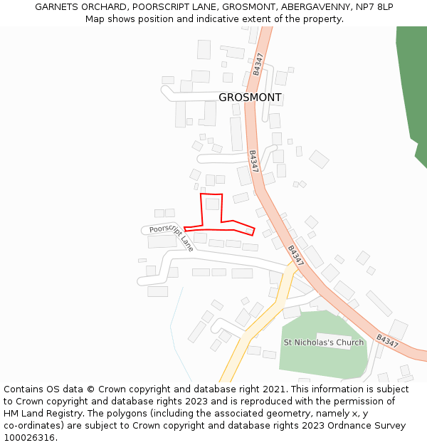 GARNETS ORCHARD, POORSCRIPT LANE, GROSMONT, ABERGAVENNY, NP7 8LP: Location map and indicative extent of plot