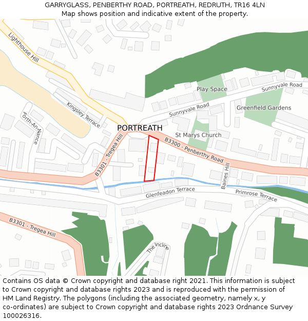 GARRYGLASS, PENBERTHY ROAD, PORTREATH, REDRUTH, TR16 4LN: Location map and indicative extent of plot