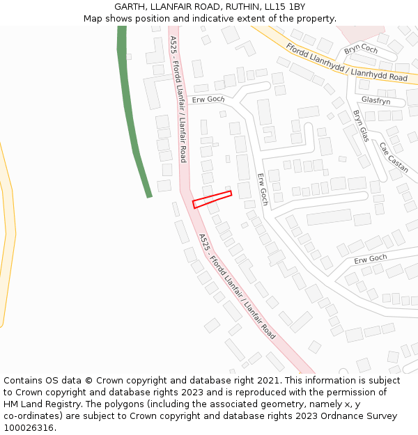 GARTH, LLANFAIR ROAD, RUTHIN, LL15 1BY: Location map and indicative extent of plot