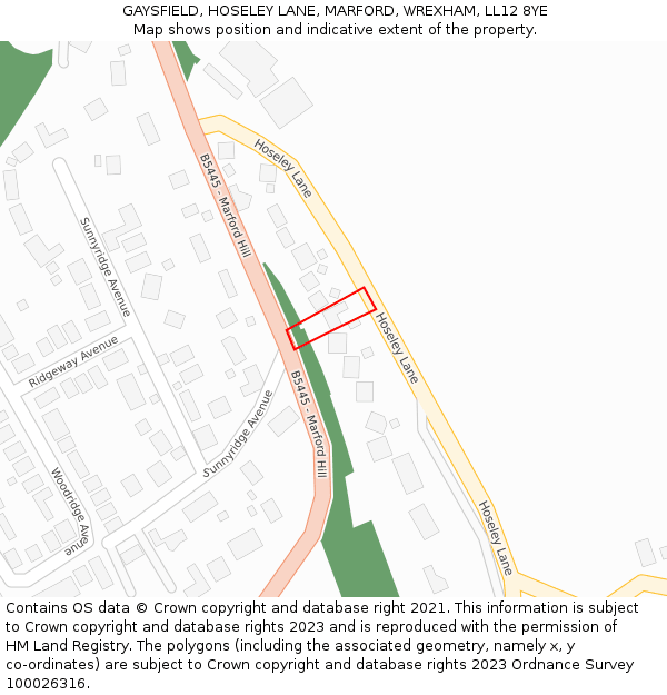 GAYSFIELD, HOSELEY LANE, MARFORD, WREXHAM, LL12 8YE: Location map and indicative extent of plot