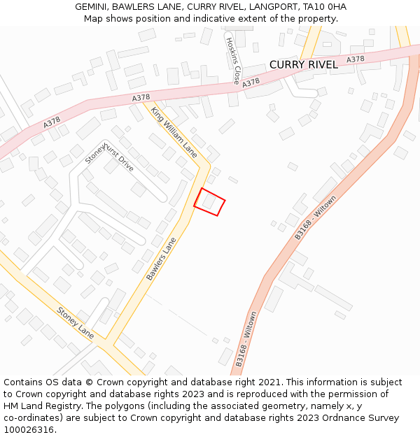 GEMINI, BAWLERS LANE, CURRY RIVEL, LANGPORT, TA10 0HA: Location map and indicative extent of plot