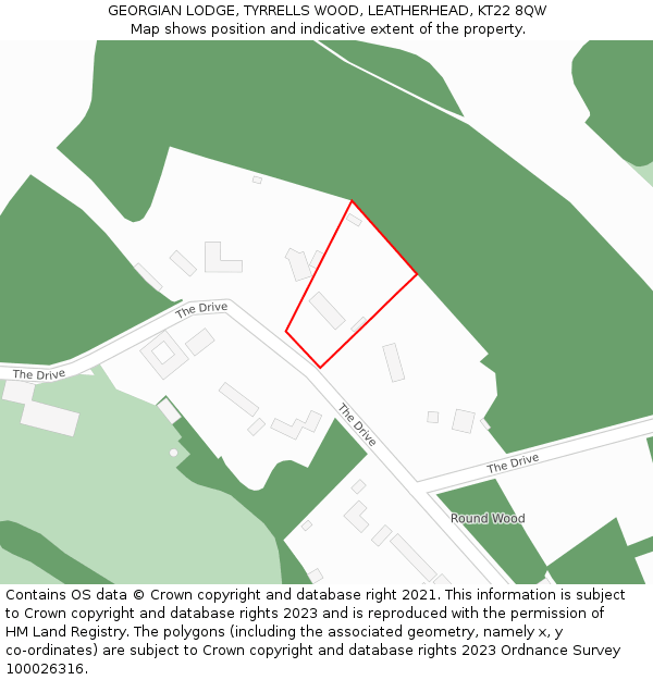 GEORGIAN LODGE, TYRRELLS WOOD, LEATHERHEAD, KT22 8QW: Location map and indicative extent of plot