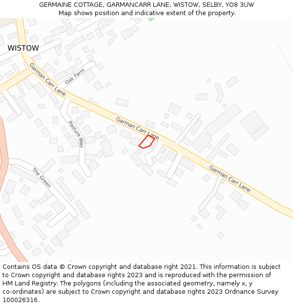 GERMAINE COTTAGE, GARMANCARR LANE, WISTOW, SELBY, YO8 3UW: Location map and indicative extent of plot