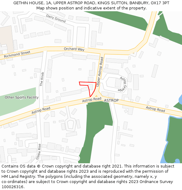 GETHIN HOUSE, 1A, UPPER ASTROP ROAD, KINGS SUTTON, BANBURY, OX17 3PT: Location map and indicative extent of plot