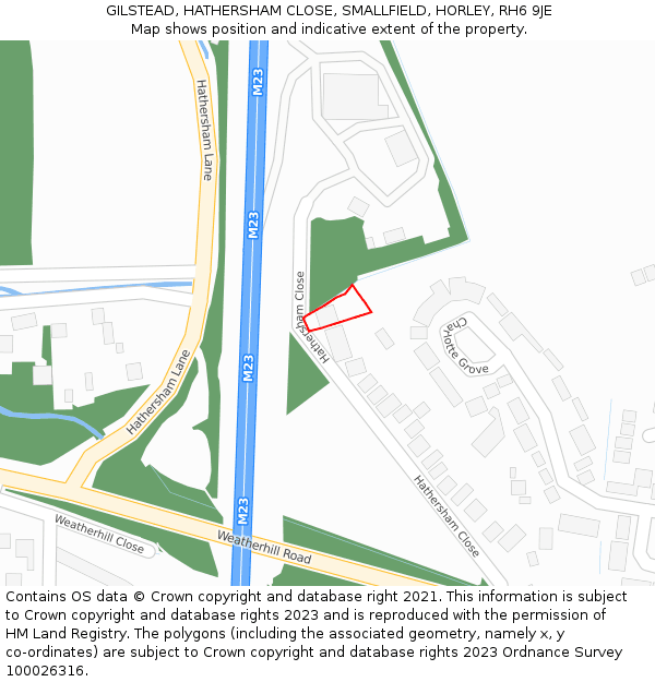 GILSTEAD, HATHERSHAM CLOSE, SMALLFIELD, HORLEY, RH6 9JE: Location map and indicative extent of plot