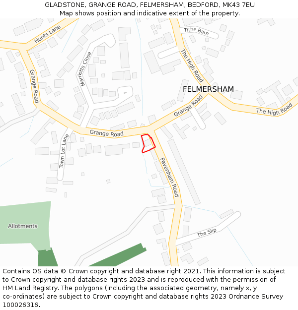 GLADSTONE, GRANGE ROAD, FELMERSHAM, BEDFORD, MK43 7EU: Location map and indicative extent of plot