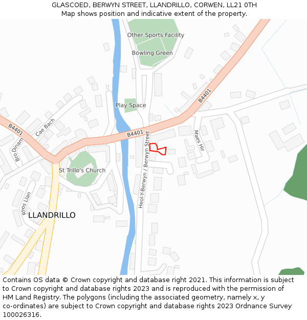 GLASCOED, BERWYN STREET, LLANDRILLO, CORWEN, LL21 0TH: Location map and indicative extent of plot