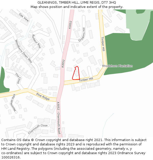 GLEANINGS, TIMBER HILL, LYME REGIS, DT7 3HQ: Location map and indicative extent of plot