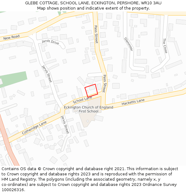 GLEBE COTTAGE, SCHOOL LANE, ECKINGTON, PERSHORE, WR10 3AU: Location map and indicative extent of plot