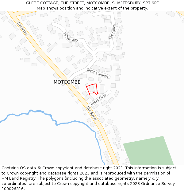 GLEBE COTTAGE, THE STREET, MOTCOMBE, SHAFTESBURY, SP7 9PF: Location map and indicative extent of plot