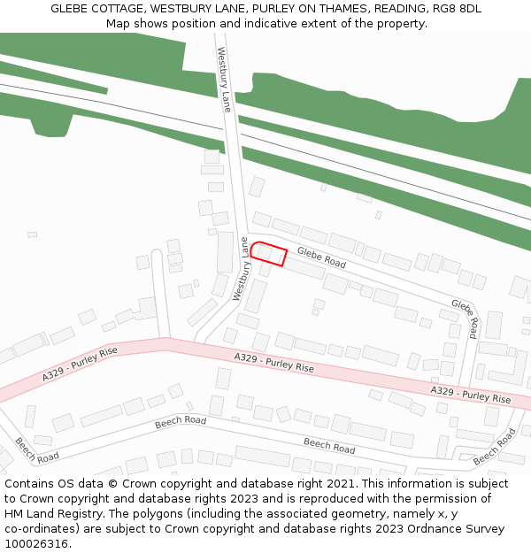 GLEBE COTTAGE, WESTBURY LANE, PURLEY ON THAMES, READING, RG8 8DL: Location map and indicative extent of plot