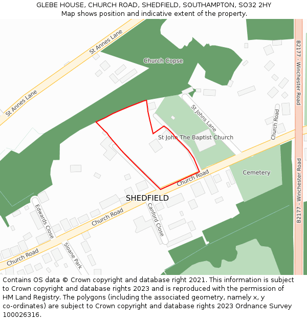 GLEBE HOUSE, CHURCH ROAD, SHEDFIELD, SOUTHAMPTON, SO32 2HY: Location map and indicative extent of plot