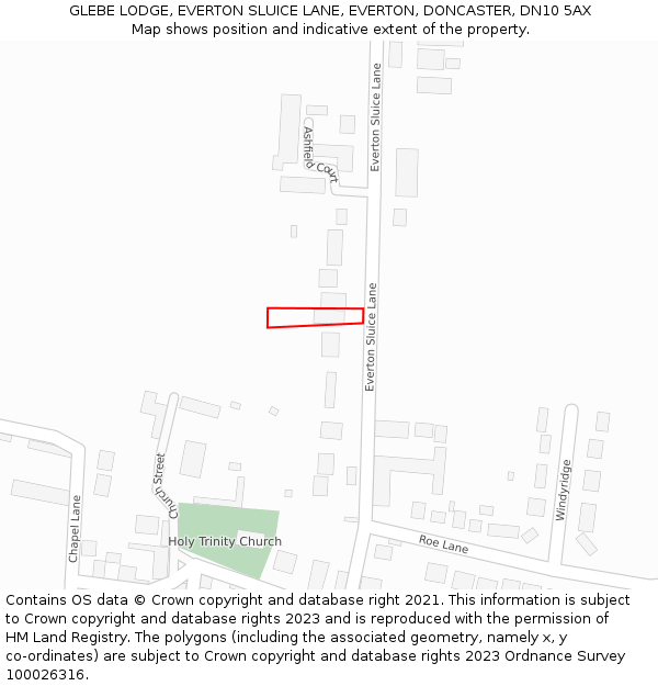 GLEBE LODGE, EVERTON SLUICE LANE, EVERTON, DONCASTER, DN10 5AX: Location map and indicative extent of plot