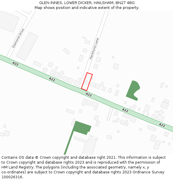 GLEN INNES, LOWER DICKER, HAILSHAM, BN27 4BG: Location map and indicative extent of plot