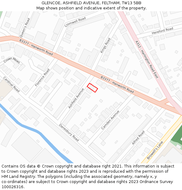 GLENCOE, ASHFIELD AVENUE, FELTHAM, TW13 5BB: Location map and indicative extent of plot