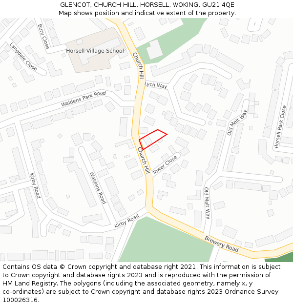 GLENCOT, CHURCH HILL, HORSELL, WOKING, GU21 4QE: Location map and indicative extent of plot