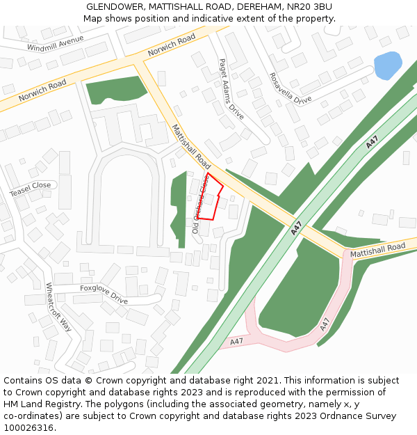 GLENDOWER, MATTISHALL ROAD, DEREHAM, NR20 3BU: Location map and indicative extent of plot