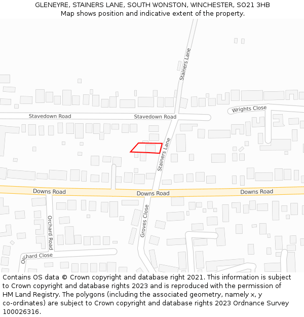 GLENEYRE, STAINERS LANE, SOUTH WONSTON, WINCHESTER, SO21 3HB: Location map and indicative extent of plot