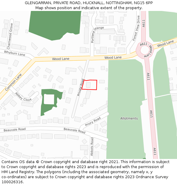 GLENGARRAN, PRIVATE ROAD, HUCKNALL, NOTTINGHAM, NG15 6PP: Location map and indicative extent of plot
