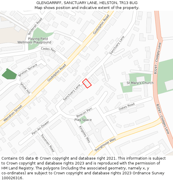 GLENGARRIFF, SANCTUARY LANE, HELSTON, TR13 8UG: Location map and indicative extent of plot