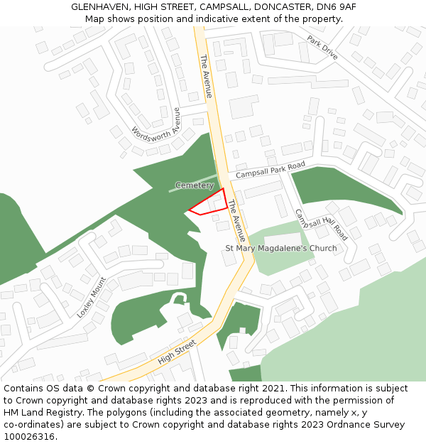 GLENHAVEN, HIGH STREET, CAMPSALL, DONCASTER, DN6 9AF: Location map and indicative extent of plot