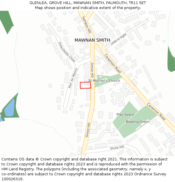 GLENLEA, GROVE HILL, MAWNAN SMITH, FALMOUTH, TR11 5ET: Location map and indicative extent of plot