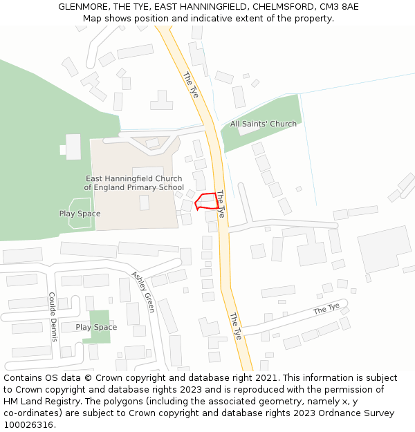 GLENMORE, THE TYE, EAST HANNINGFIELD, CHELMSFORD, CM3 8AE: Location map and indicative extent of plot